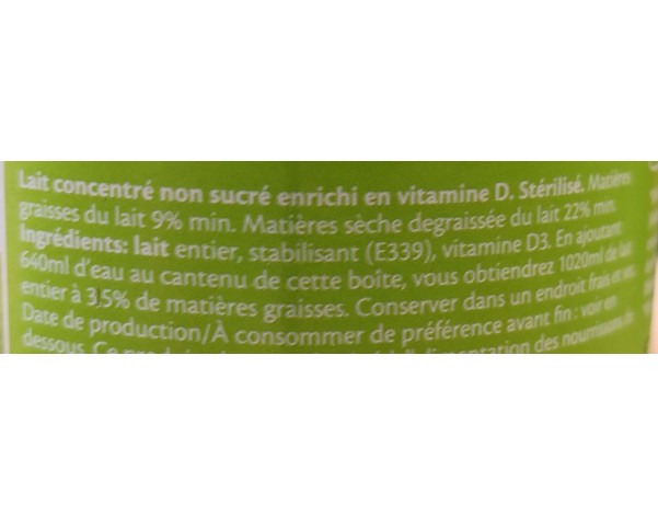 LAIT CONCENTRE NON SUCRE