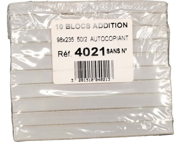 BLOC ADDITION AUTOCOPIANT 98 X 235 MM  10 P.